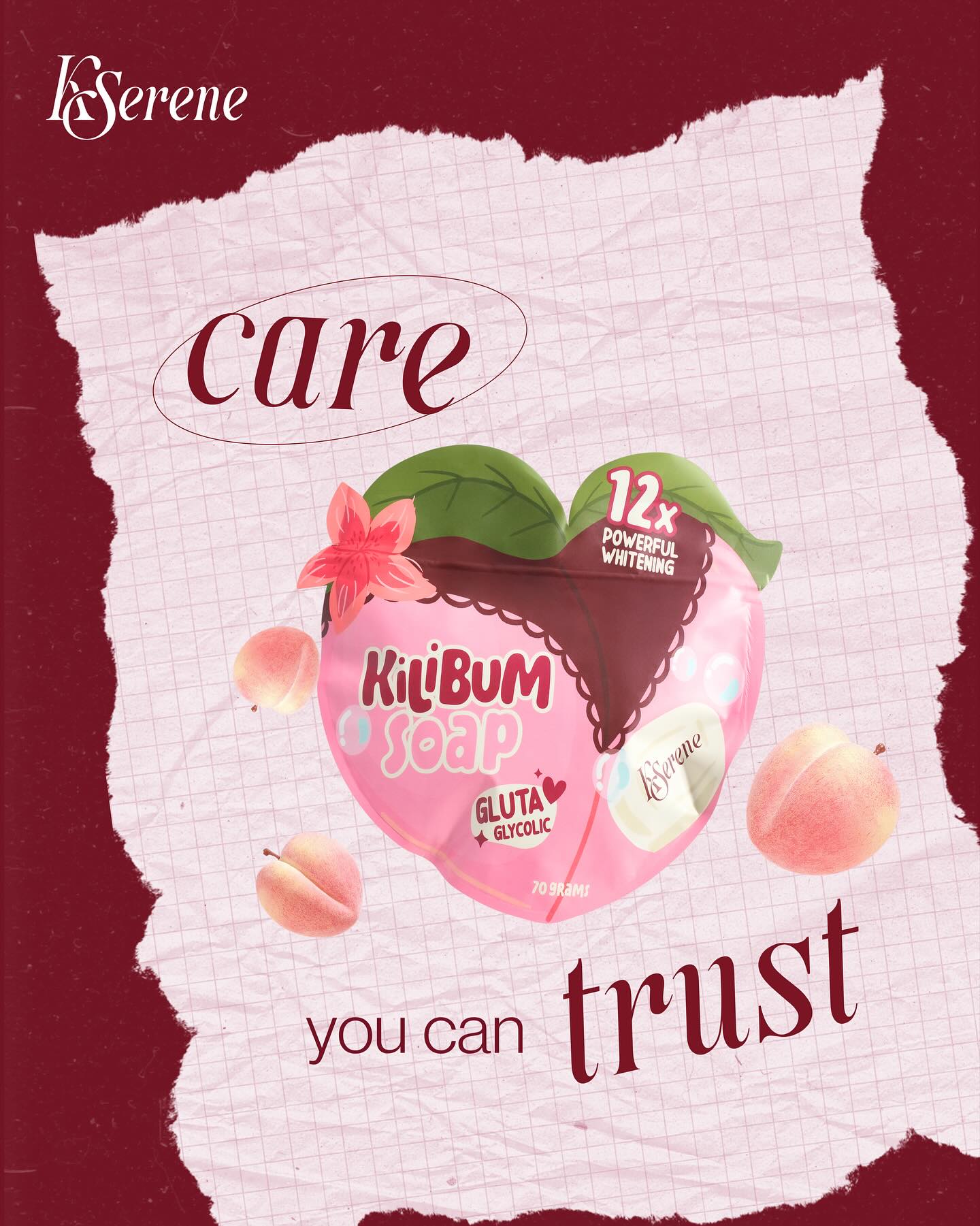 KSerene KiliBum Gluta Glycolic Whitening Soap – Underarm & Bum Care | 3 pcs x 70g / Pouch