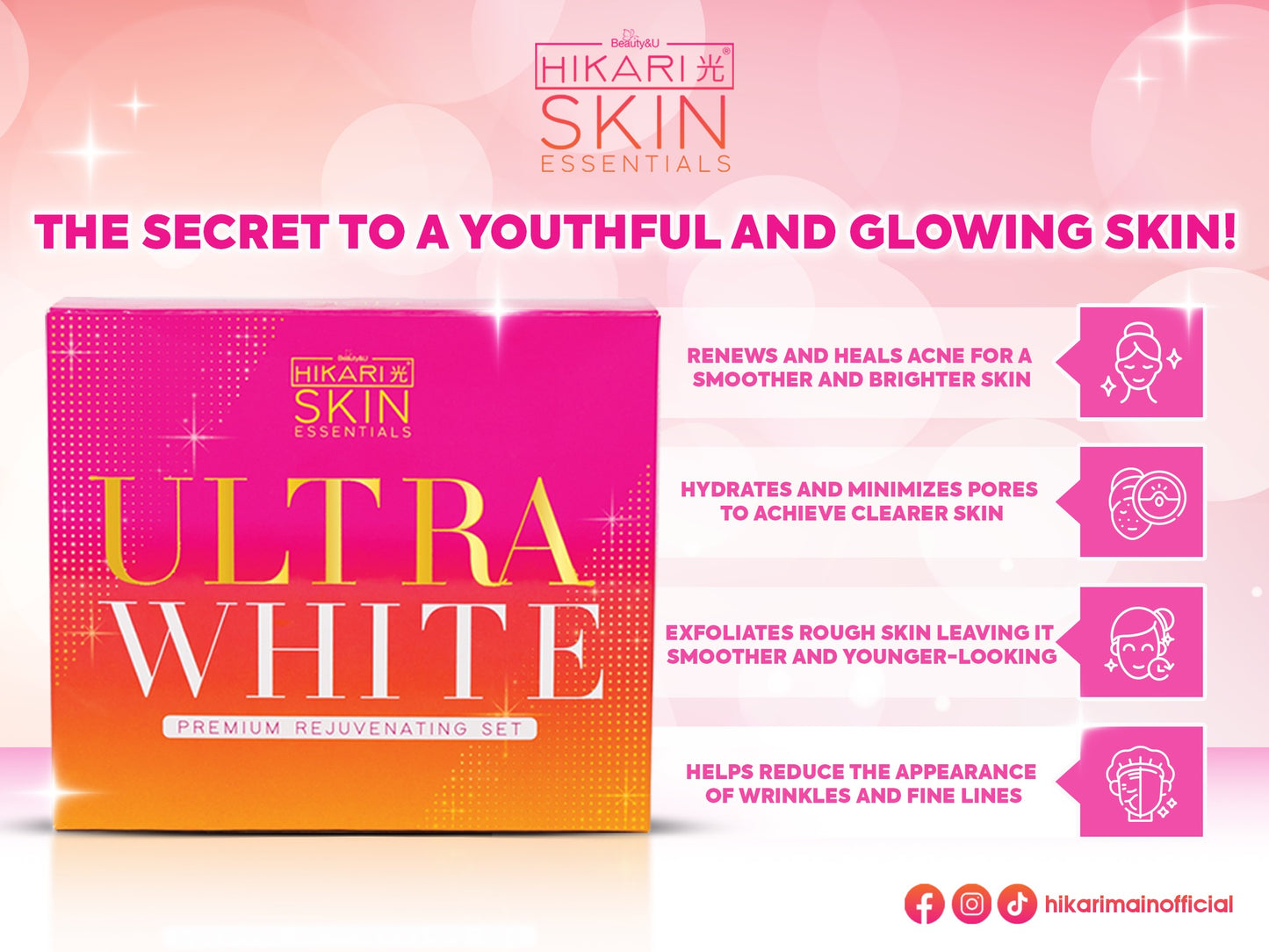 Hikari Skin Essentials Ultra White Premium Rejuv Set, Kojic Soap, Sunscreen