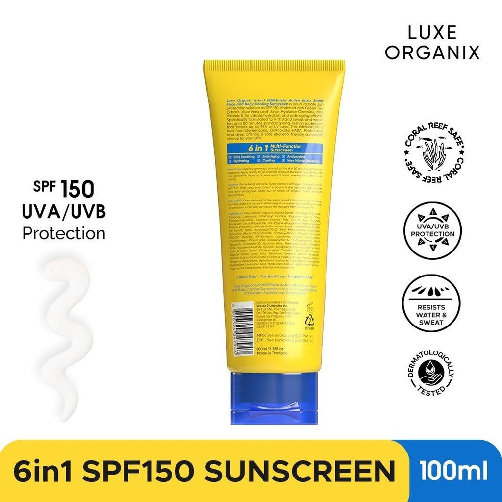 Luxe Organix SPF 150 PA++++ UVA/UVB Protection 6in1 Maxshield Active Ultra Sheer Face & Body Sunscreen 100ml