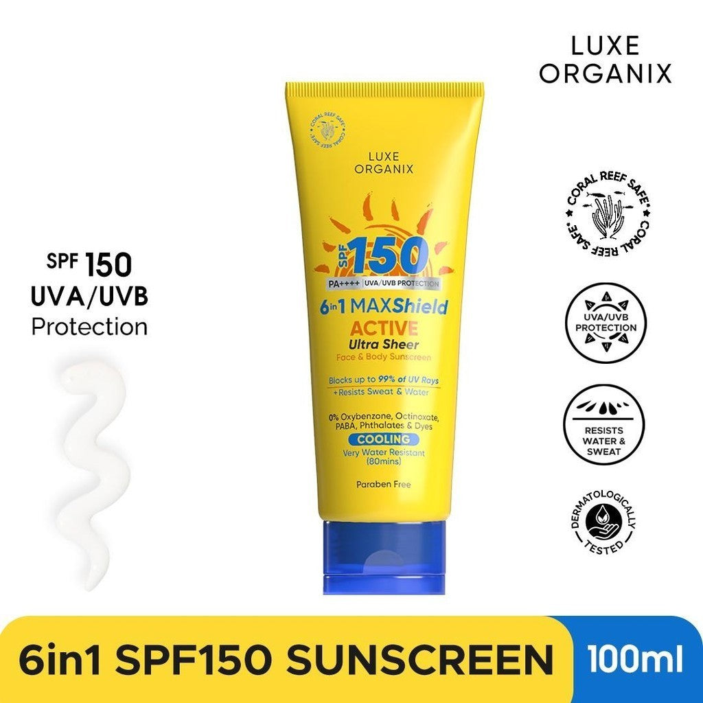 Luxe Organix SPF 150 PA++++ UVA/UVB Protection 6in1 Maxshield Active Ultra Sheer Face & Body Sunscreen 100ml