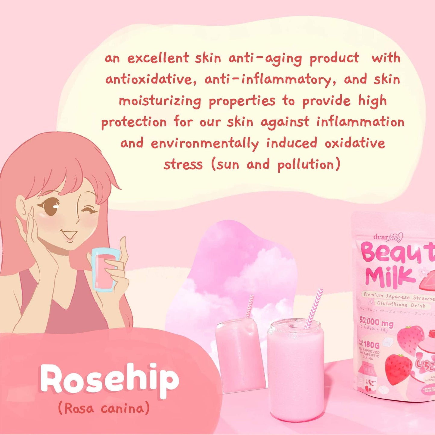 Dear Face Beauty Milk Ichigo Premium Japanese Strawberry Glutathione Drink