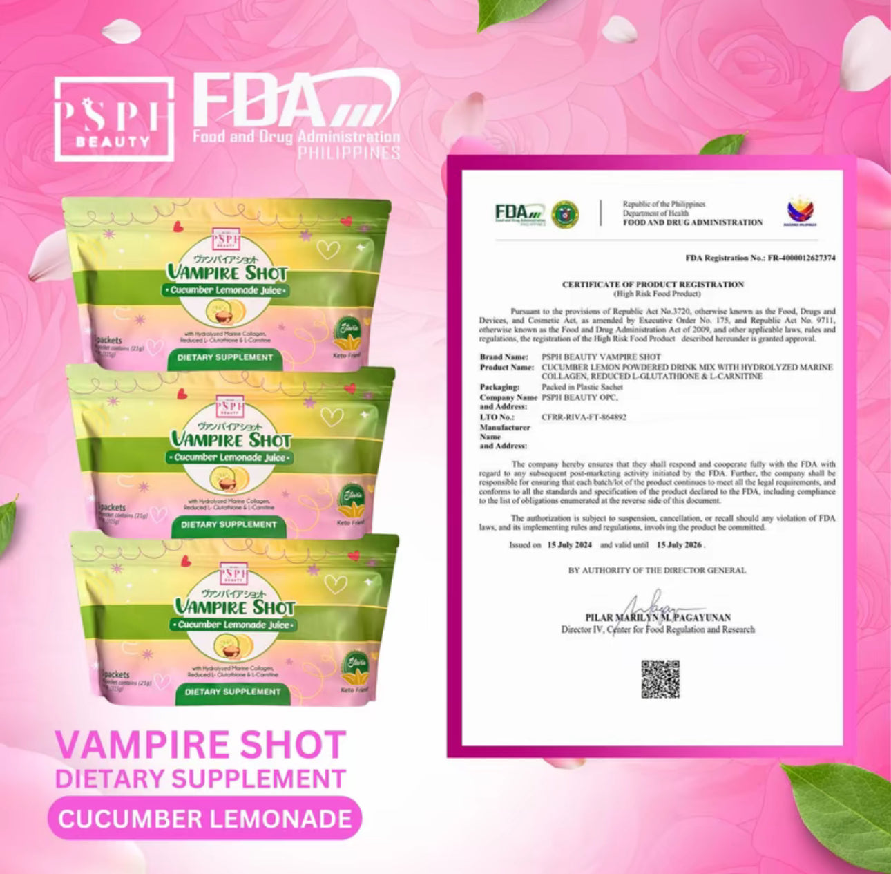 PSPH Beauty - Vampire Shot Cucumber Lemonade 15 sachets per pouch