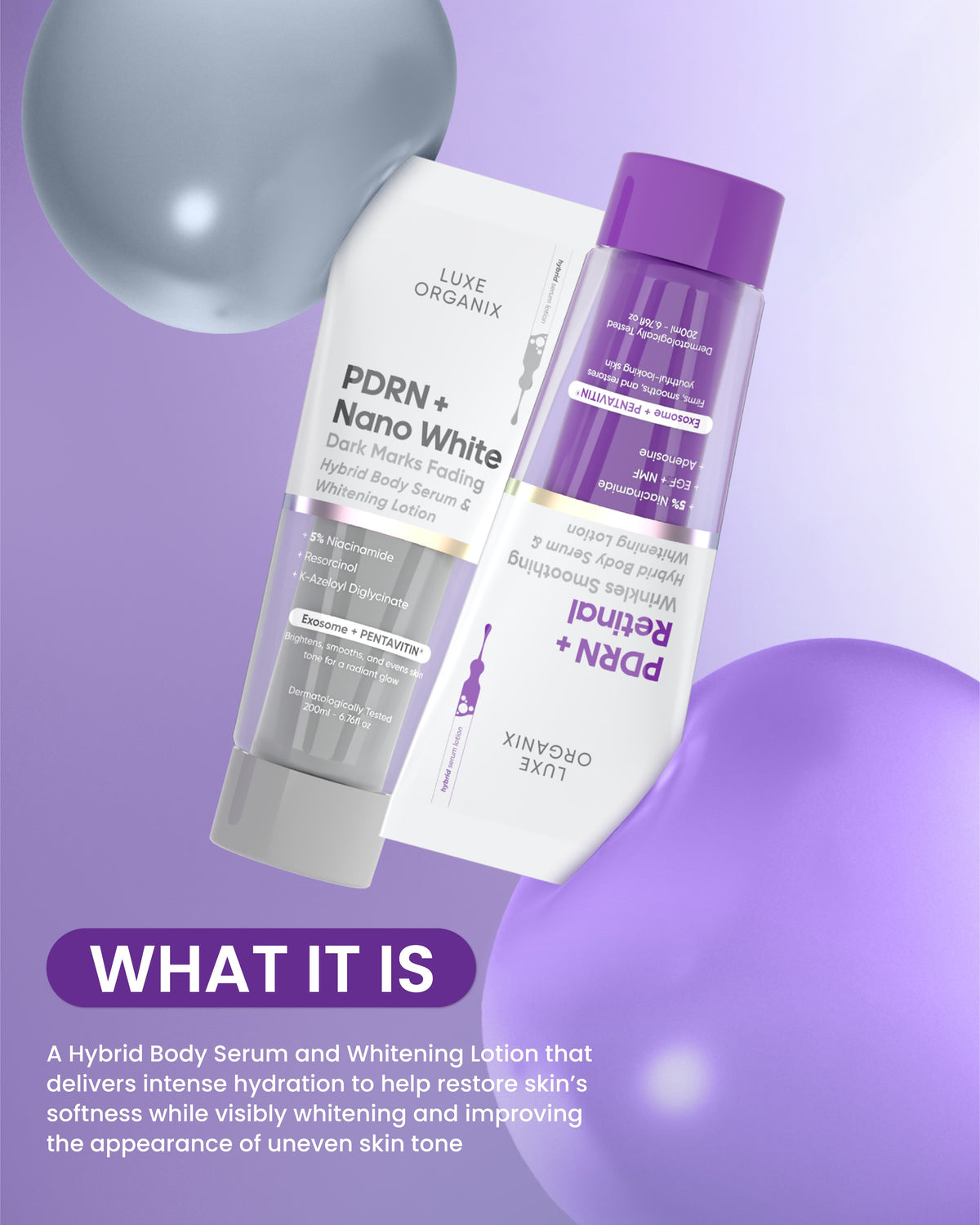 Luxe Organix 𝗣𝗗𝗥𝗡 𝗛𝘆𝗯𝗿𝗶𝗱 𝗕𝗼𝗱𝘆 𝗦𝗲𝗿𝘂𝗺 & 𝗪𝗵𝗶𝘁𝗲𝗻𝗶𝗻𝗴 𝗟𝗼𝘁𝗶𝗼𝗻