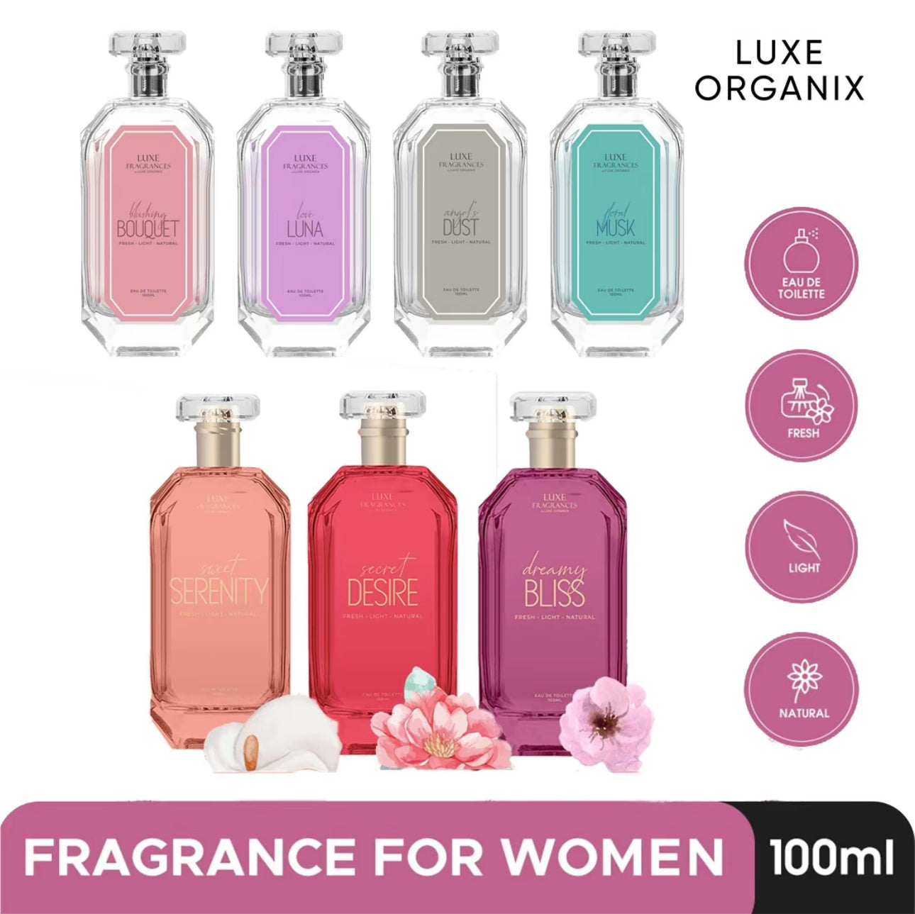 Luxe Fragrances by Luxe Organix Secret Desire | Sweet Serenity | Dreamy Bliss | Innocent Charm | Golden Hour EDT 100ml