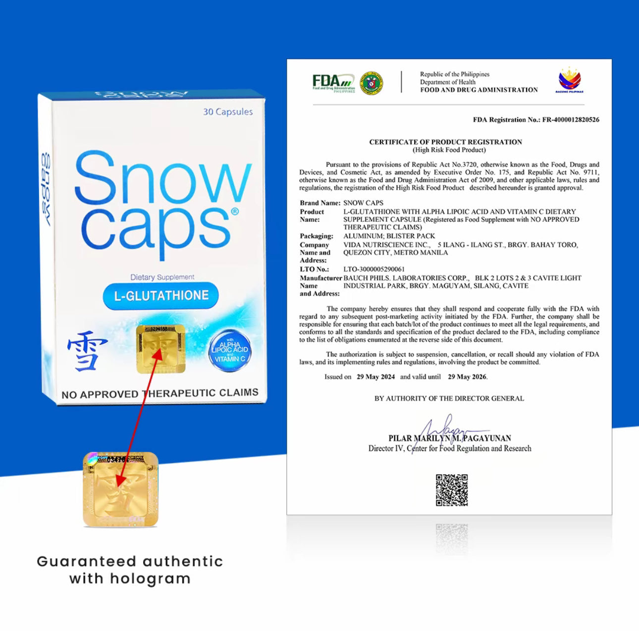SnowCaps Glutathione 500mg 30 capsules per box
