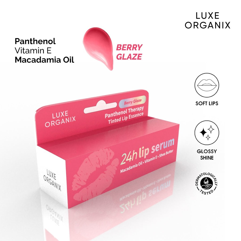 Luxe Organix Panthenol Therapy 24h Lip Serum Tinted Lip Essence Berry/ Cherry/ Honey Glaze 10g