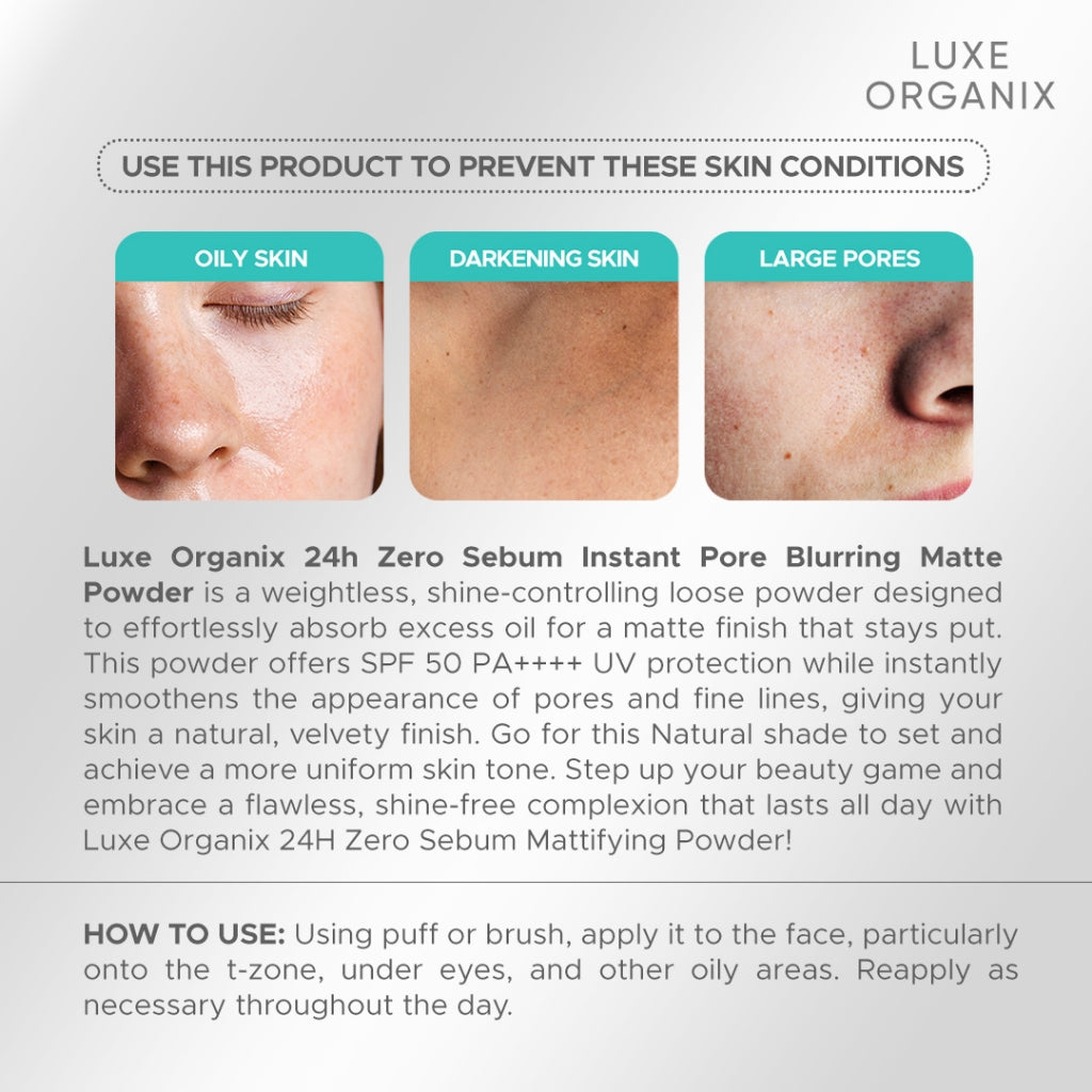 Luxe Organix 24H Zero Sebum Instant Pore Blurring Weightless Matte Powder SPF 50 PA++++ Natural | Translucent 15g