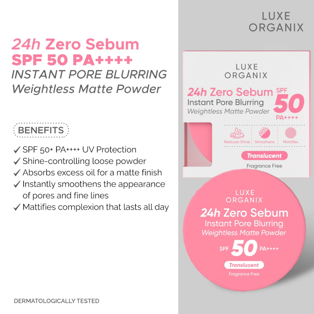 Luxe Organix 24H Zero Sebum Instant Pore Blurring Weightless Matte Powder SPF 50 PA++++ Natural | Translucent 15g