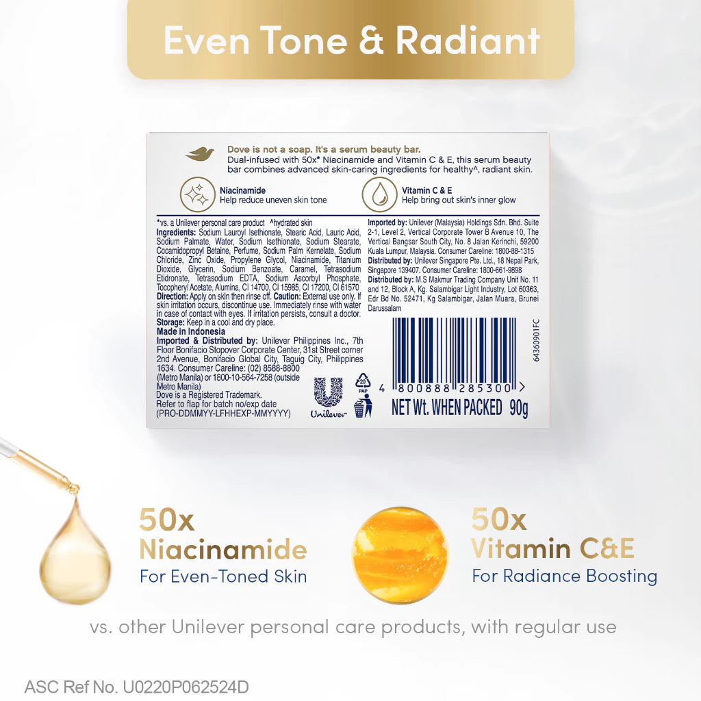 [BUNDLE OF 3] Dove Radiant + Care Serum Bar Niacinamide and Vitamin C&E 90g