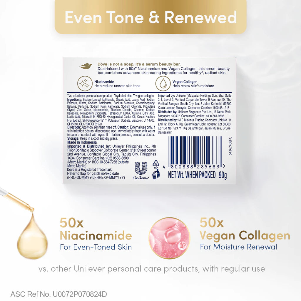 [BUNDLE OF 3] Dove Radiant + Care Serum Bar Niacinamide and Vegan Collagen 90g
