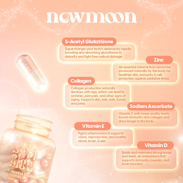 NEW MOON 500mg S-Acetyl Glutathione, Collagen & Vitamin | Glowing Beauty Supplement Capsules