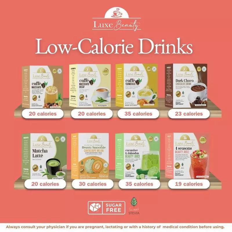 Luxe Slim Coffee and Beauty Juice by Anna Magkawas - Lychee, AvoCaffé Macchiato, Decaf, Caffe Black, Avocado