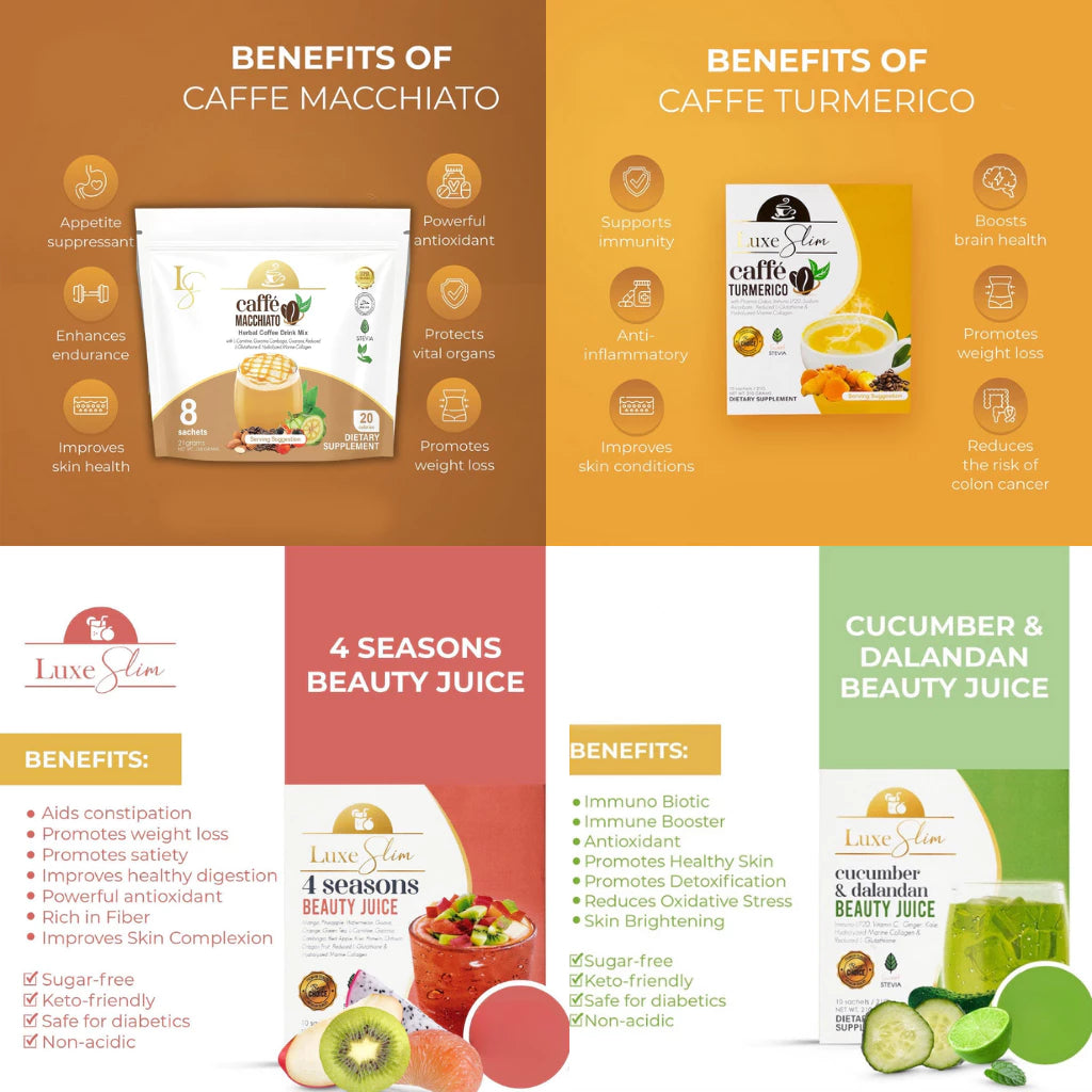 Luxe Slim Coffee and Beauty Juice by Anna Magkawas - Lychee, AvoCaffé Macchiato, Decaf, Caffe Black, Avocado