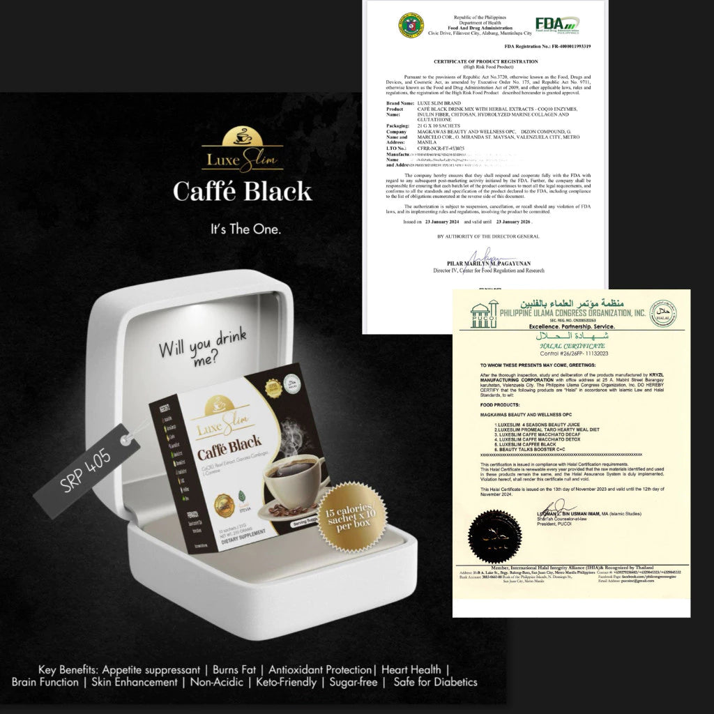 Luxe Slim Coffee and Beauty Juice by Anna Magkawas - Lychee, AvoCaffé Macchiato, Decaf, Caffe Black, Avocado