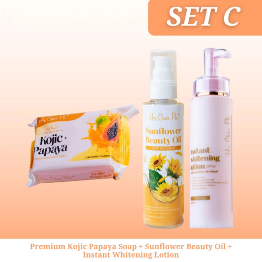 Her Choice Ph Set C Ultimate Whitening Combo: Kojic Soap, Whitening Lotion, Sunflower Oil
